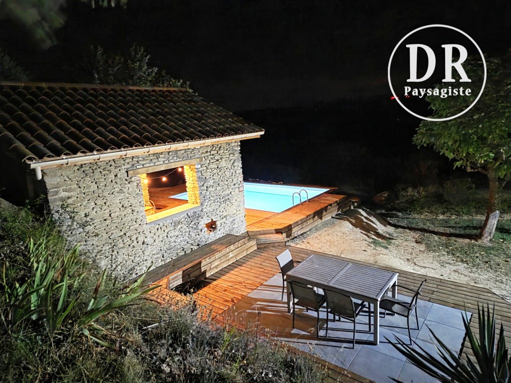 piscine carrelage bois terrasse nuit David Robert paysagiste